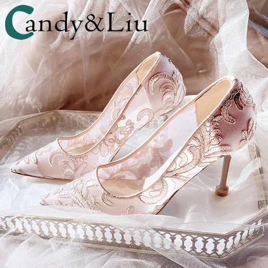 Light Cloud Embroidery High Heels Women's Wedding Shoes 2020 New Bridal Thin Heeled Lace Mesh Shoes