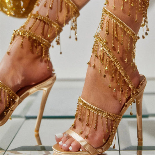 Liyke Elegant Women Wedding Banquet Shoes Fashion Crystal Tassel Twining Stiletto Sandals Sexy Open Toe Stripper Heels Golden